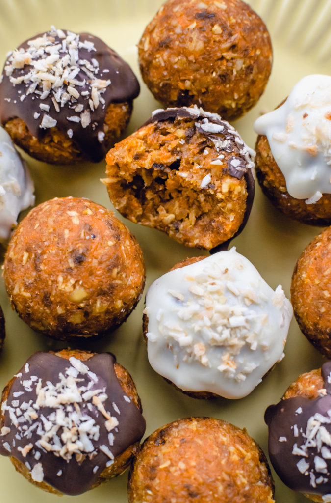 carrot cake truffles with chocolate and coconut