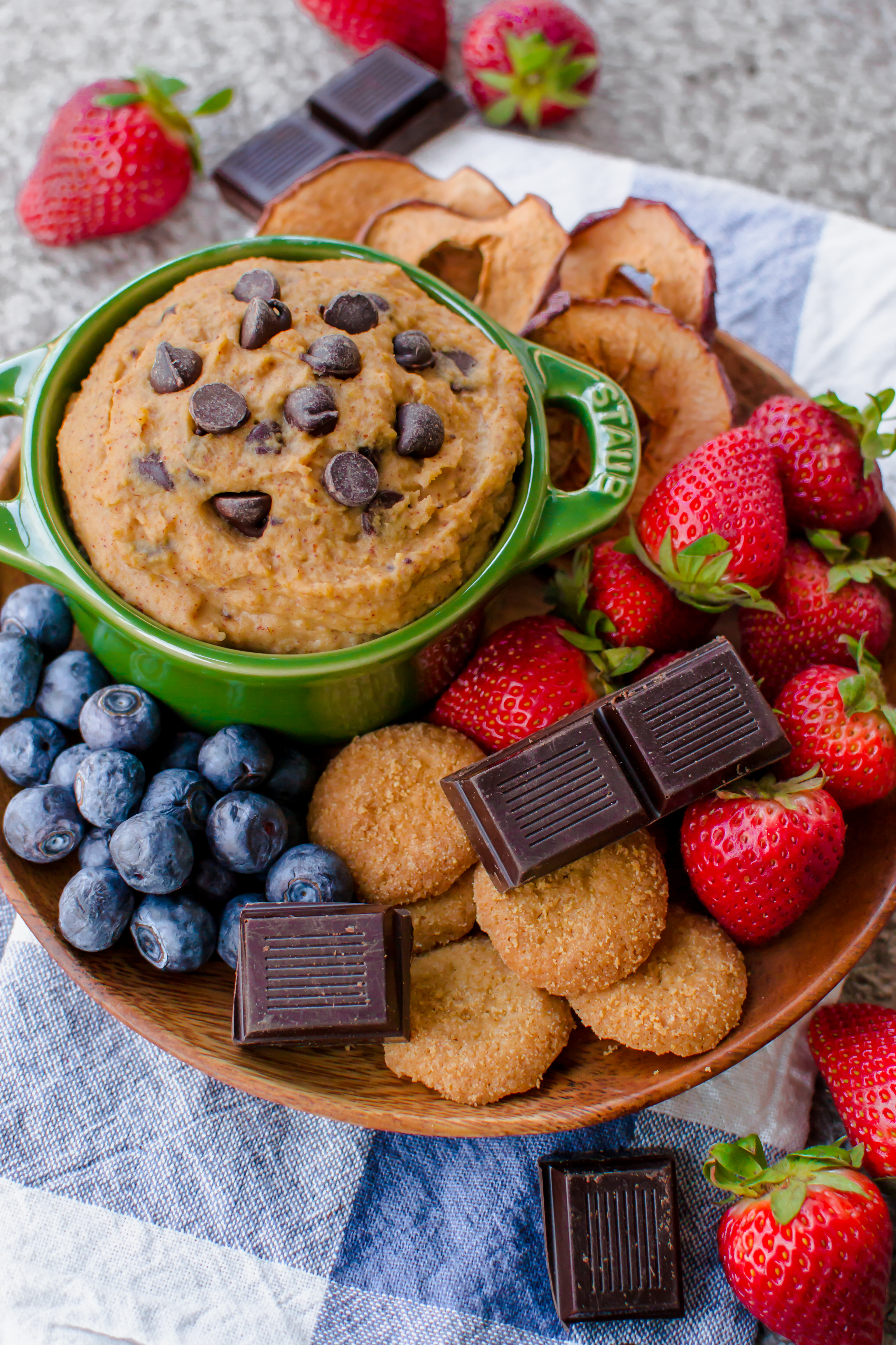 chickpea cookie dough dip with fruit chocolate cookies