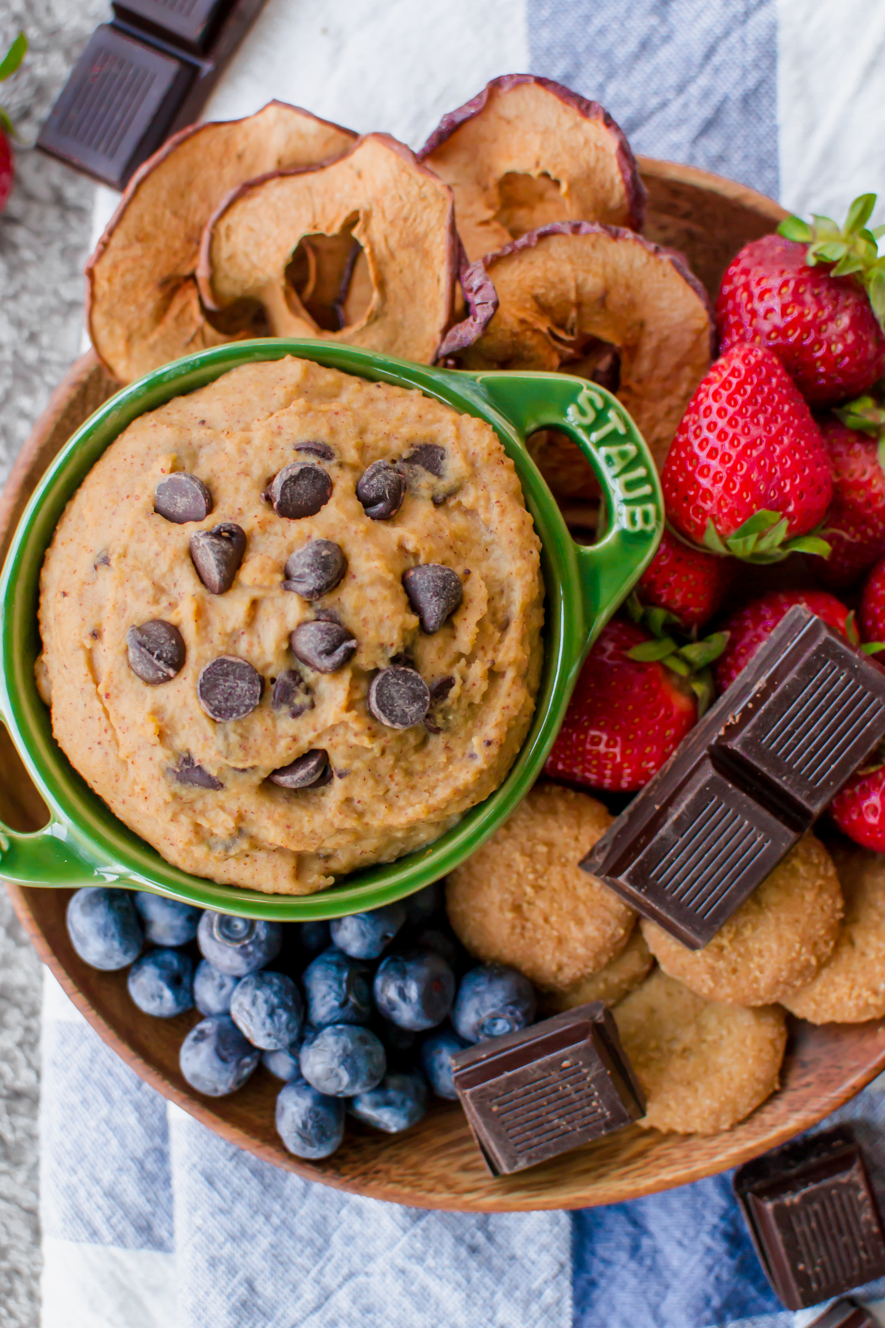 chickpea cookie dough dip with fruit chocolate cookies