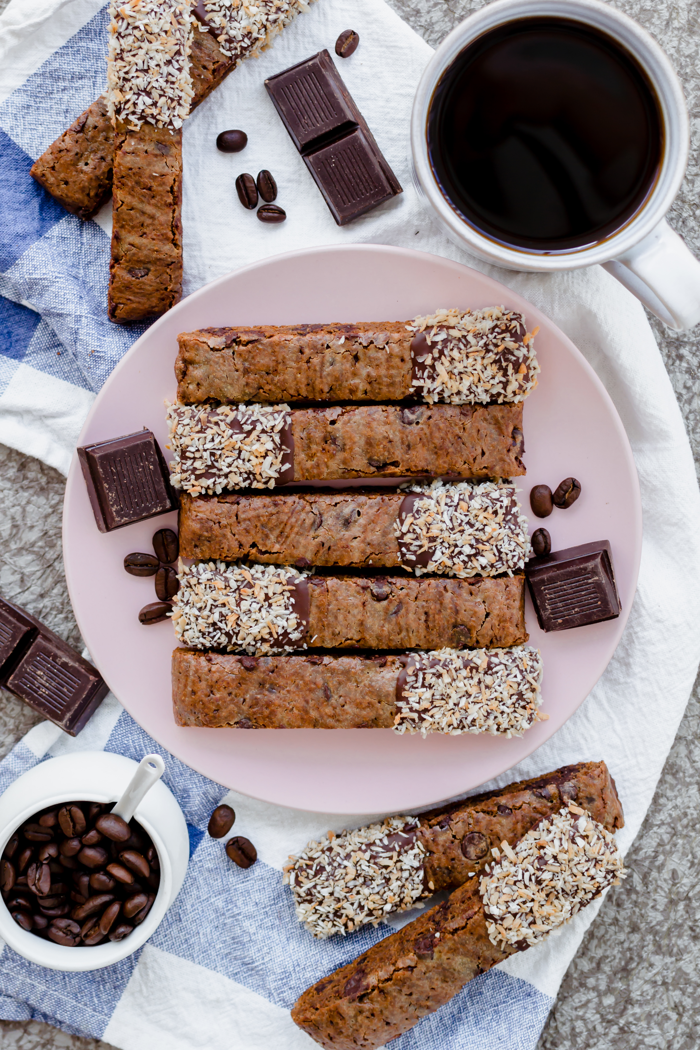 coconut mocha biscotti dipped in chocolate