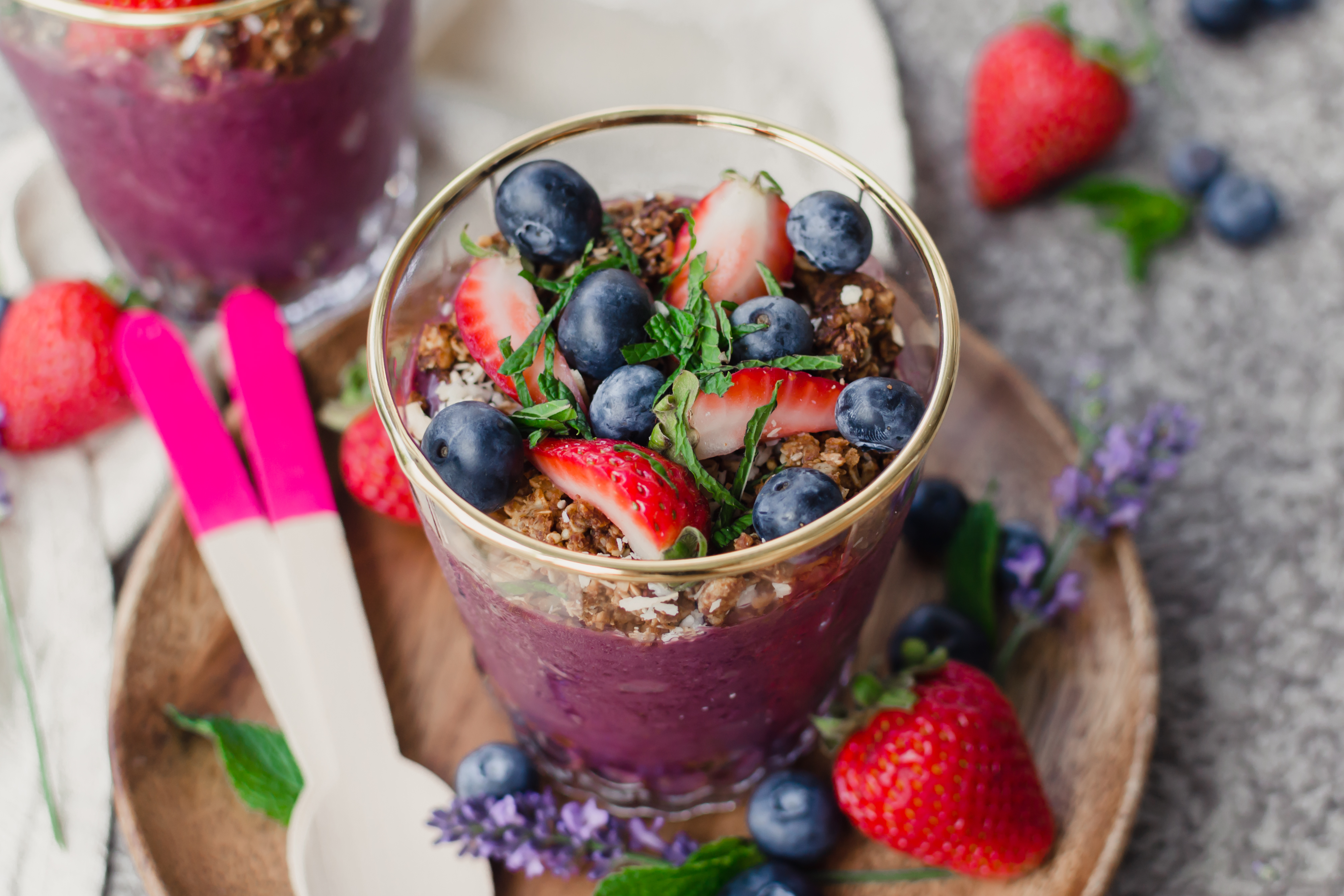 vegan acai parfaits with berries and mint